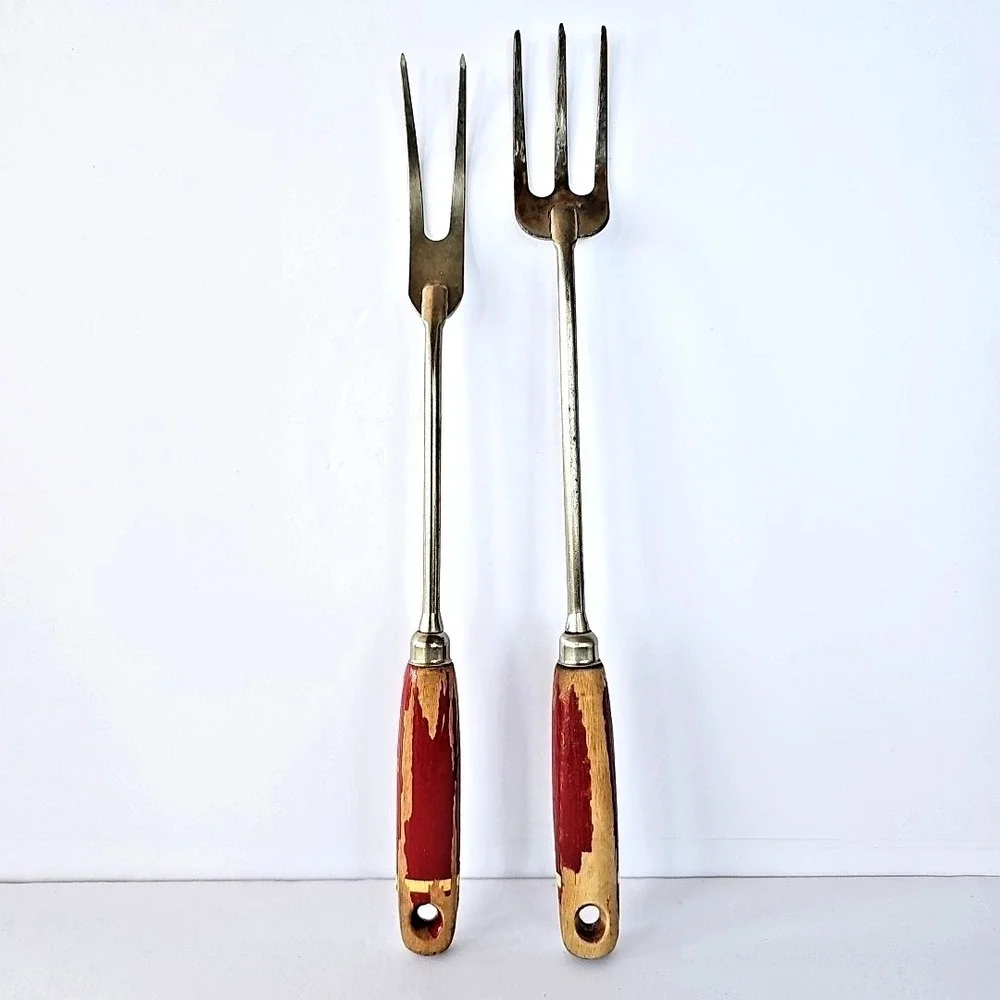 Vintage A&J Meat Serving Fork Set Red Wood Handle Made in USA‎ Rustic Farmhouse